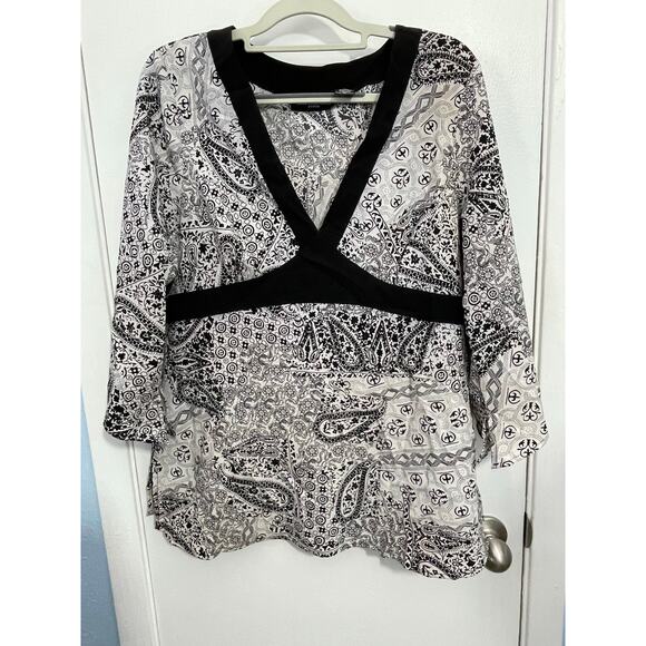 Y2K Blue Diamond Blouse XL Black White Paisley Whimsigoth Boho Flounce Sleeve - Picture 1 of 6